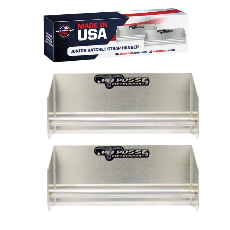 Pit Posse 442 Garage/Trailer Storage Organizers - Set of 2 Tie Down Hangers - Aluminum Junior Ratchet Strap Rack Holder - Automotive Accessories - Race Car Enclosed Trailer [Silver/Unpainted] - Image 1